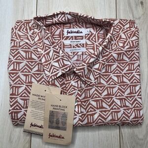 Fabindia NEW Bush Shirt Mens 44 Large Straight Fit Cotton Button Up Rust Pattern